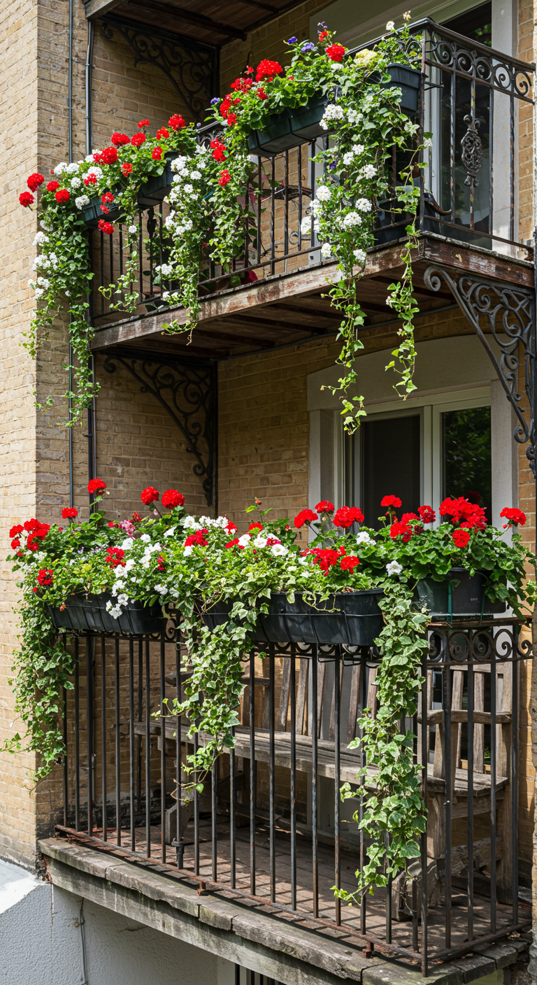 Balkon met zwarte metalen reling en bakken vol rode en witte geraniums.