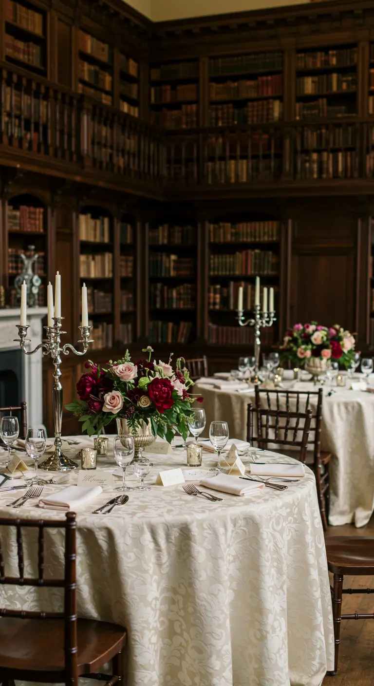 Elegant gedekte ronde tafel met bloemstuk in klassieke bibliotheeksetting voor trouwontbijt.