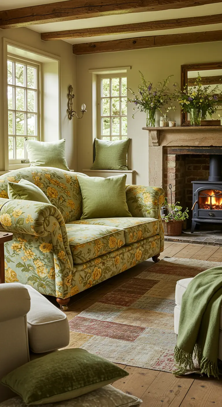 Klassieke bank met bloemenprint, groene kussens en een groene plaid in landelijke stijl.
