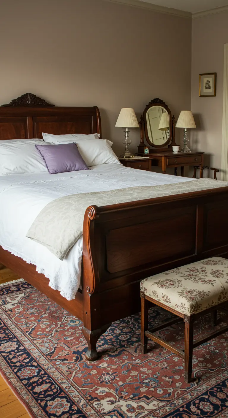 Klassieke slaapkamer met donker houten sleebed, toilettafel en Perzisch tapijt.