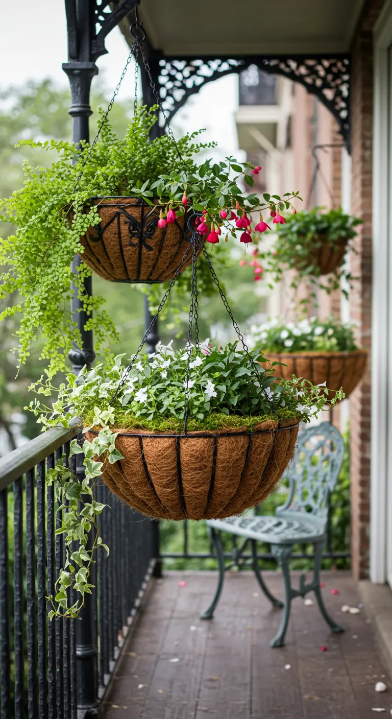 Klassieke hangmanden van kokosvezel en smeedijzer met groene en bloeiende planten.