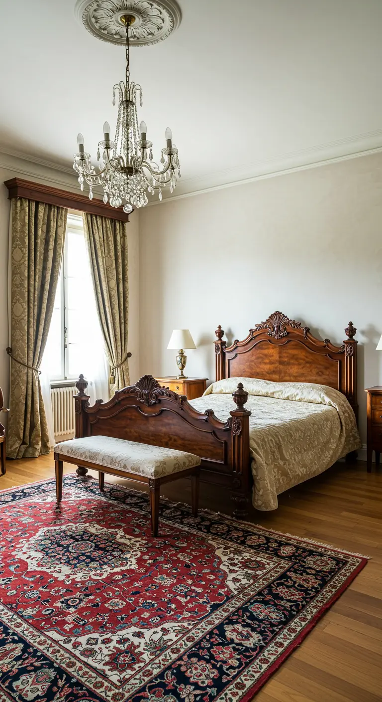 Klassieke slaapkamer met antiek bed en subtiel beige kleurverloop op de muur.