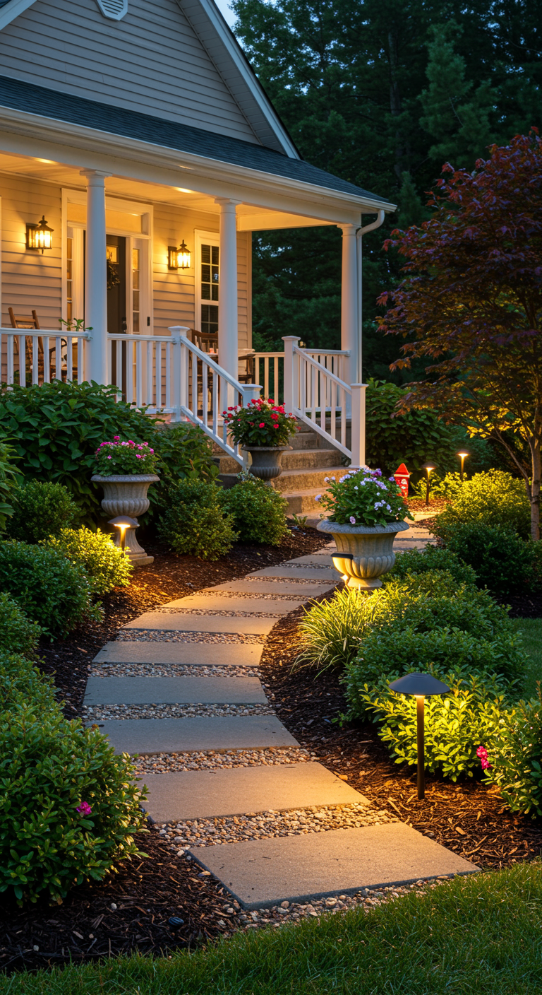 Klassiek huis met verlicht tuinpad en subtiel aangelichte plantenborders.