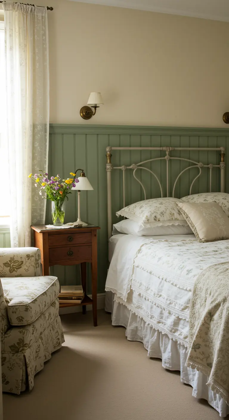 Klassieke slaapkamer met halfhoge groene lambrisering, vintage meubels, ijzeren bed, bloemen.