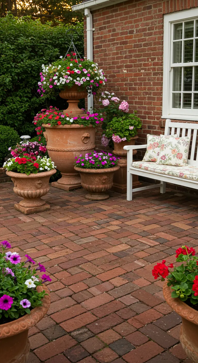 Klassiek bakstenen terras met grote terracotta urnen gevuld met roze en witte bloemen en een wit houten bankje.