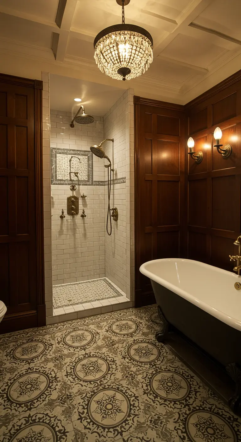Klassieke badkamer met donker houten lambrisering, witte metro tegels in douche en patroonvloer.