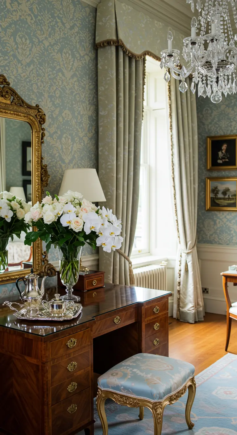 Klassieke kaptafel met groot boeket witte bloemen, zilveren details en spiegel.