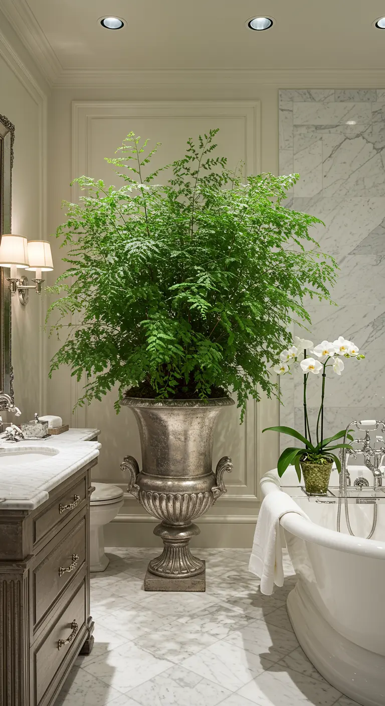 Grote varen in een sierlijke zilveren urn in een klassieke, luxe witte badkamer met marmer.