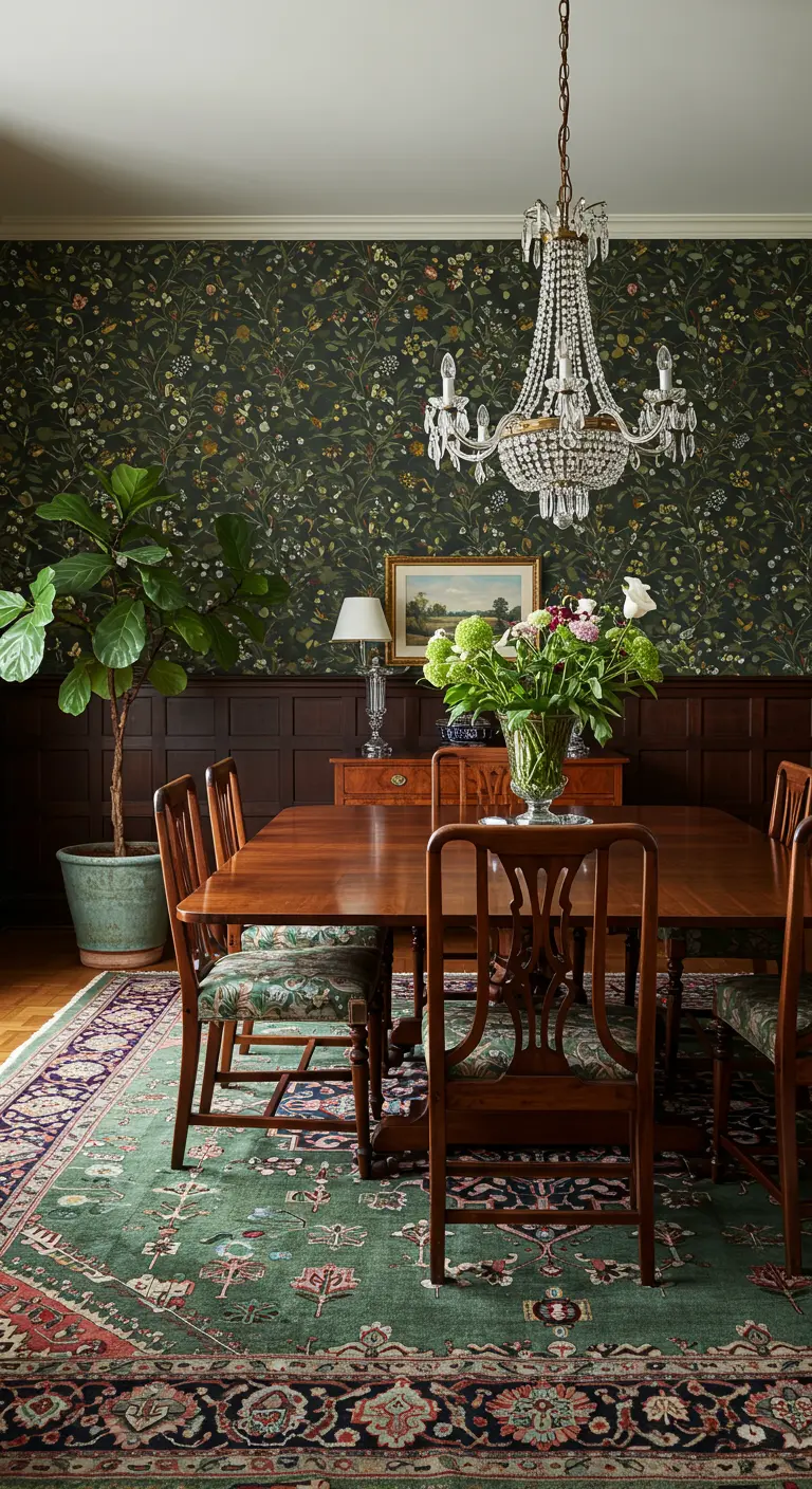 Klassieke eetkamer met donker bloemenbehang, houten tafel en stoelen, kroonluchter, groen vloerkleed en plant.
