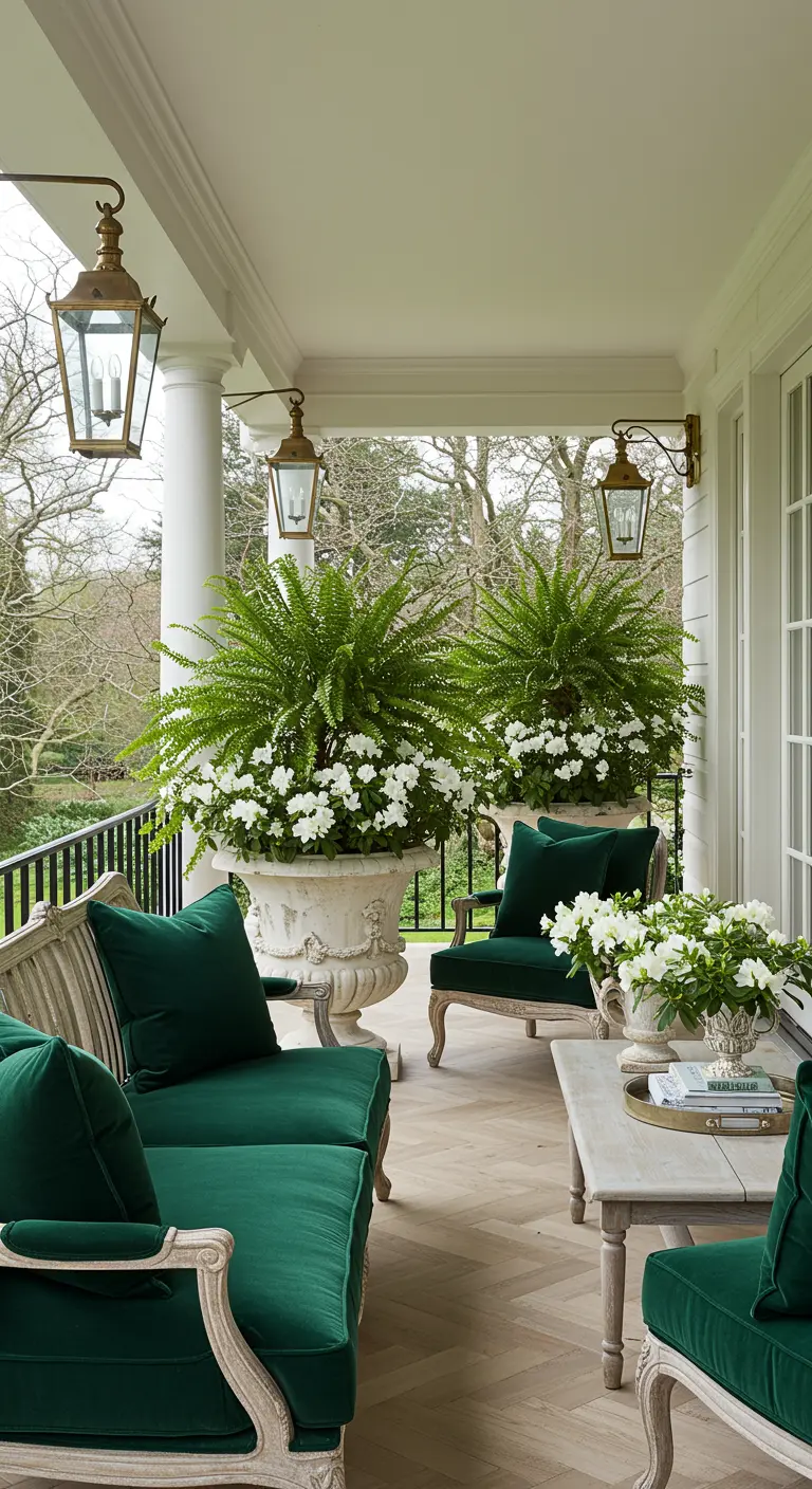 Elegante veranda met houten meubels, diepgroene kussens, witte bloemen en messing lantaarns.