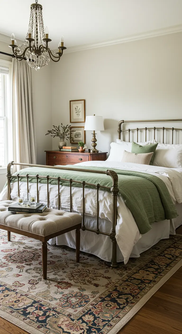 Klassieke slaapkamer, bronzen bed, groene sprei, oosters tapijt, kroonluchter, antieke meubels.