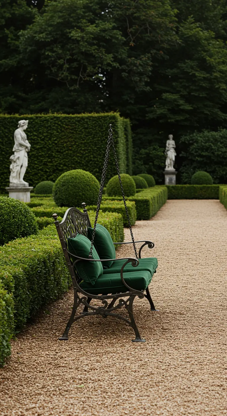 Smeedijzeren schommelbank met groene kussens in een formele tuin met strakke hagen en beelden.