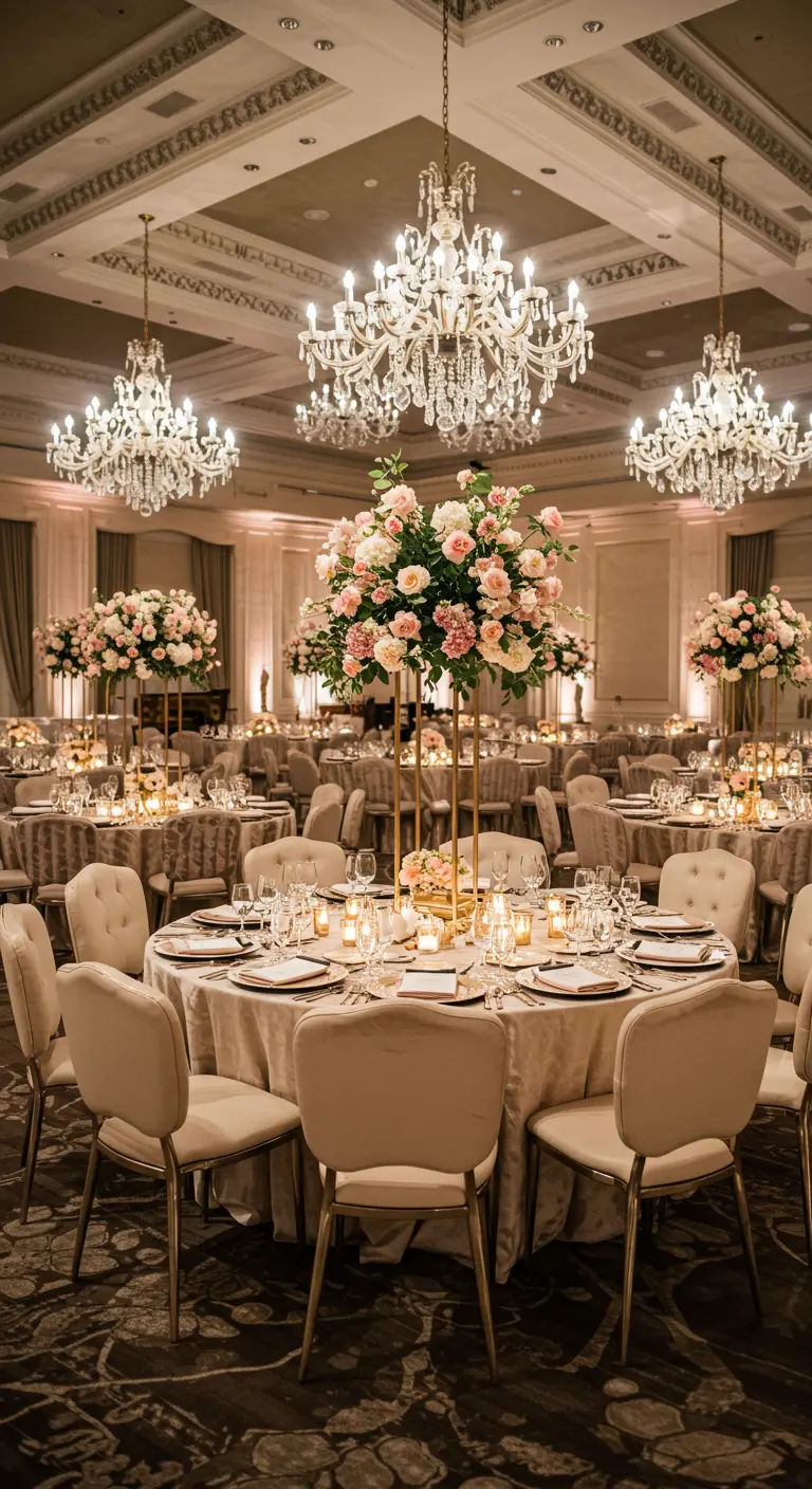 Elegante balzaal bruiloft met ronde tafels, hoge roze bloemstukken en kroonluchters.