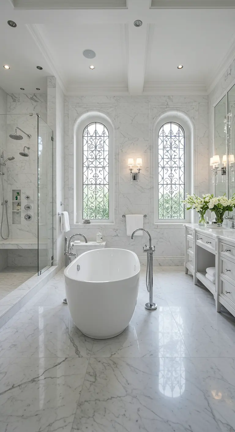 Klassiek-elegante badkamer met marmeren oppervlakken, bogen en een vrijstaand bad.