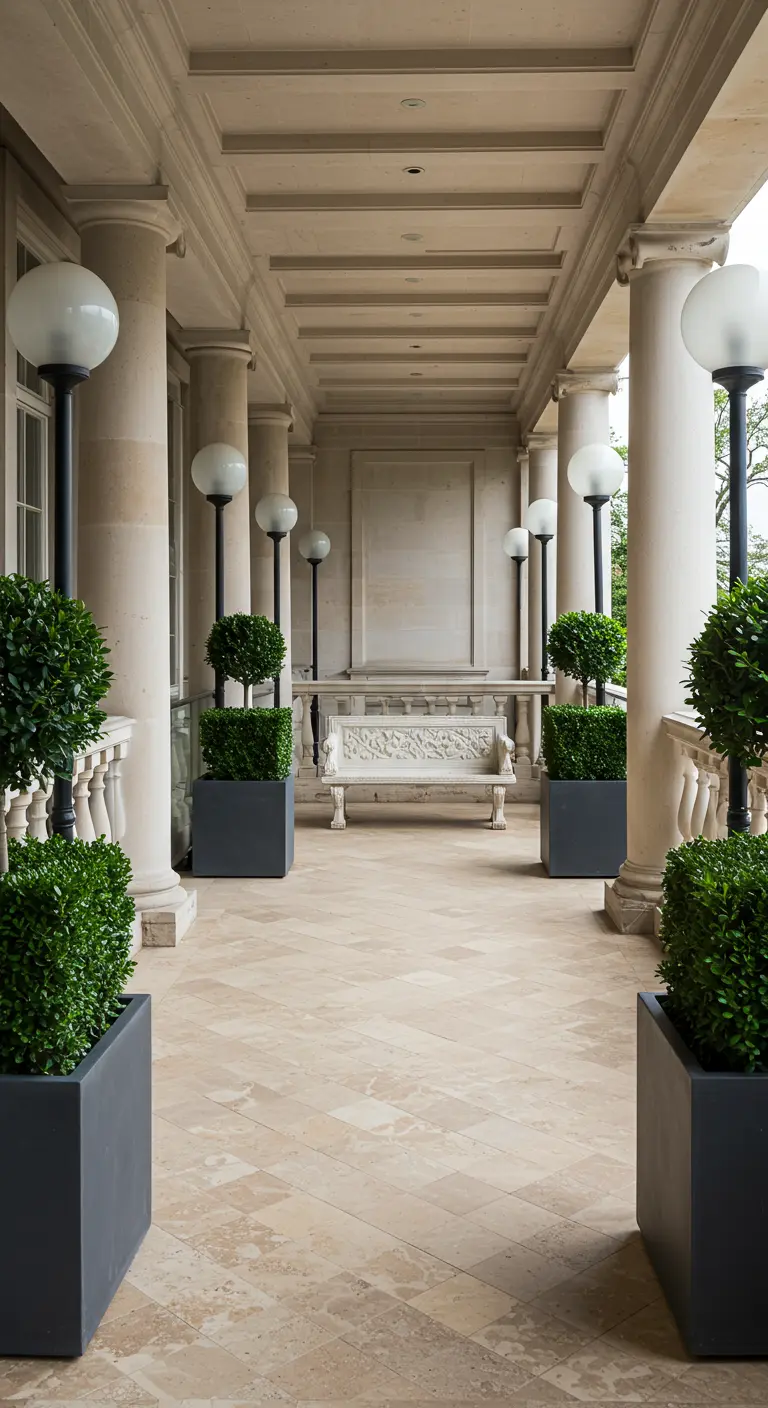 Statig balkon met zuilen, grote glazen bol lampen en symmetrisch geplaatste buxus.