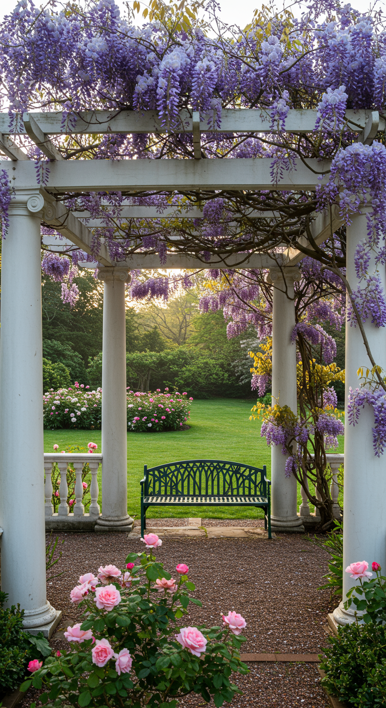 Witte pergola met stenen pilaren en blauweregen, met een groen bankje en uitzicht op een tuin.