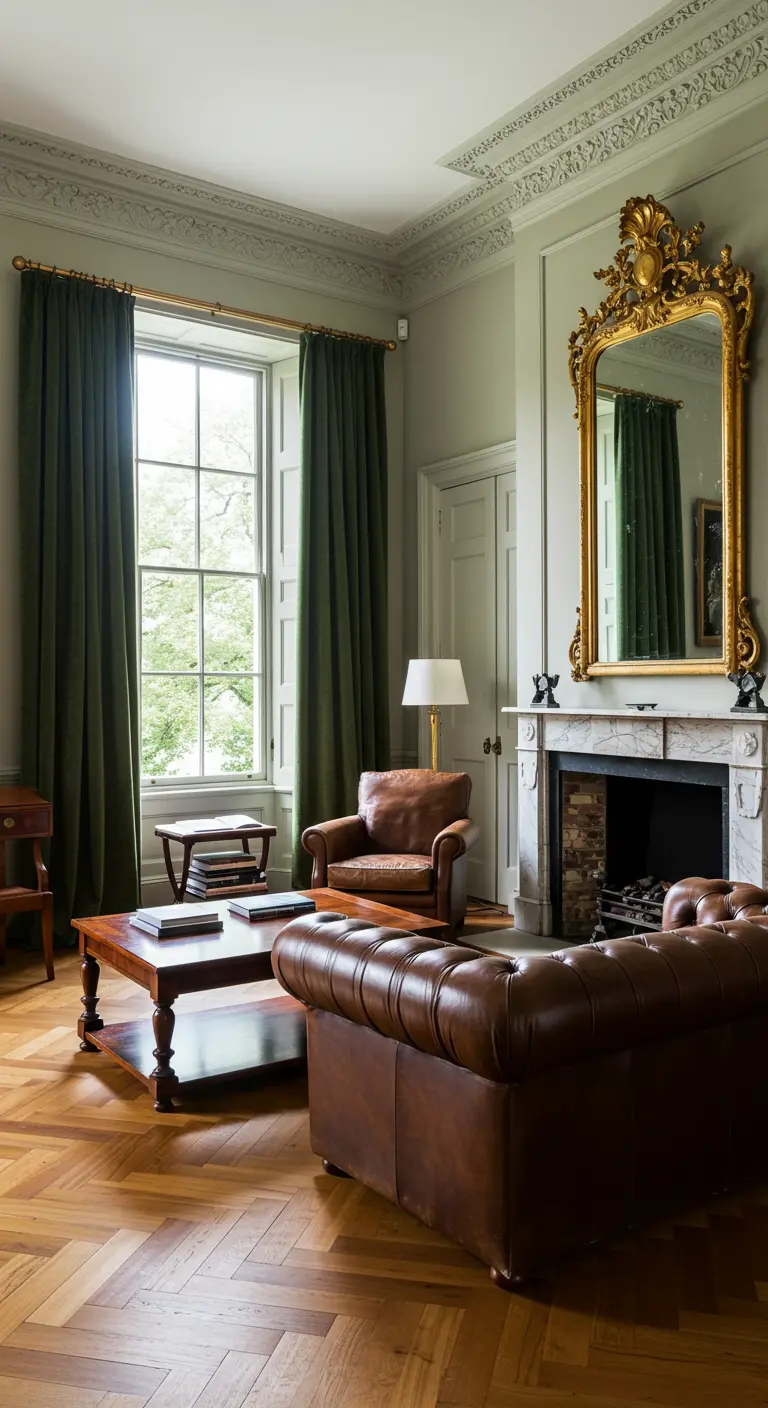 Klassieke woonkamer met saliegroene muren, een leren chesterfield en een grote gouden spiegel.