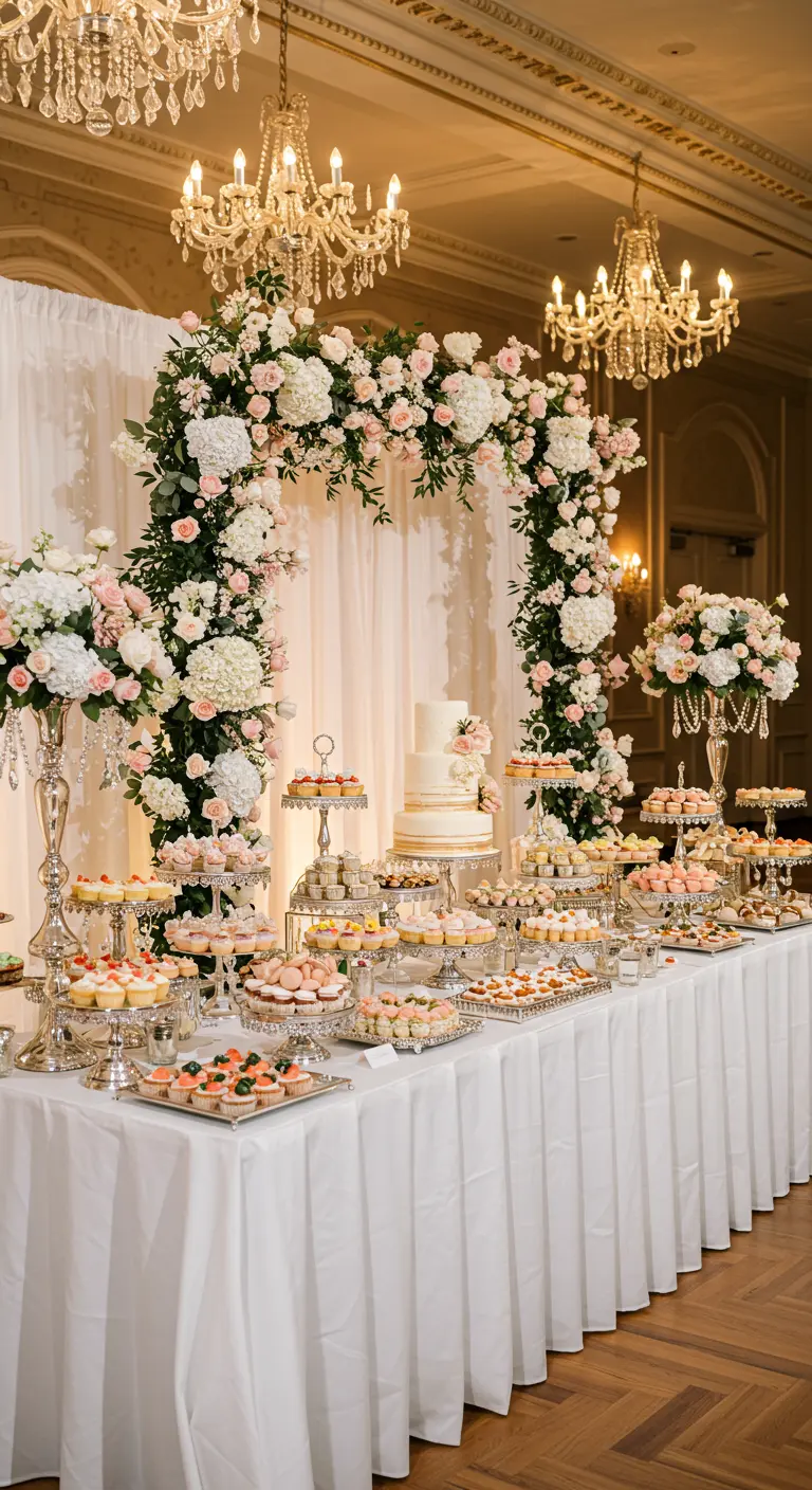 Weelderige desserttafel met bloemenboog, taart en hapjes in klassieke stijl.