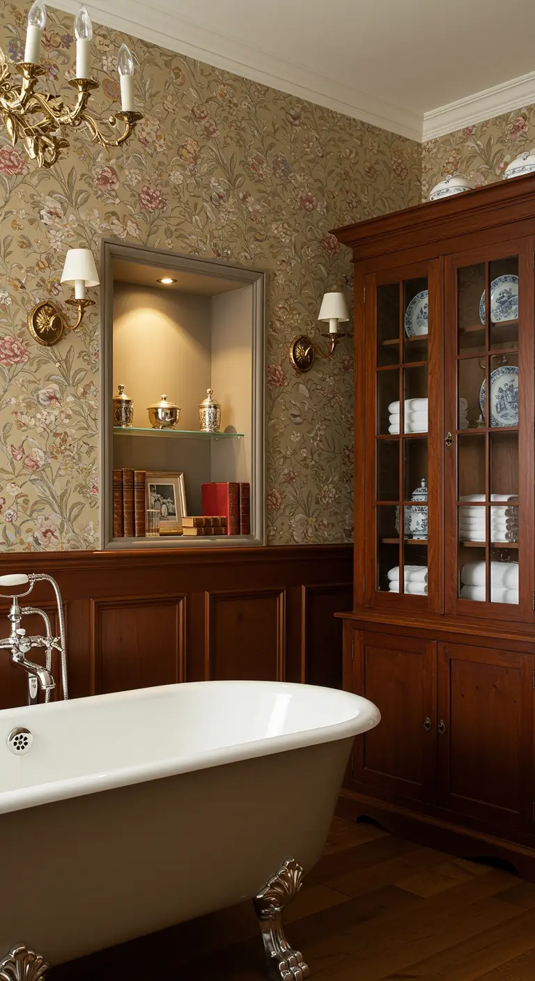 Klassieke badkamer met bloemenbehang, houten kast en ingelijste nis met decoratieve objecten.