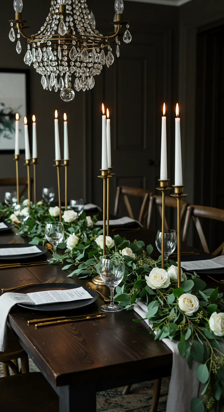 Elegant gedekte eettafel met gouden kandelaars, witte kaarsen en groene bloemguirlande.