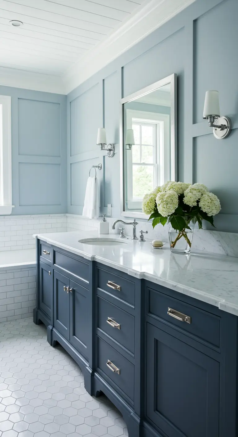 Klassieke badkamer met marineblauw badkamermeubel, marmeren blad en lichtblauwe lambrisering.