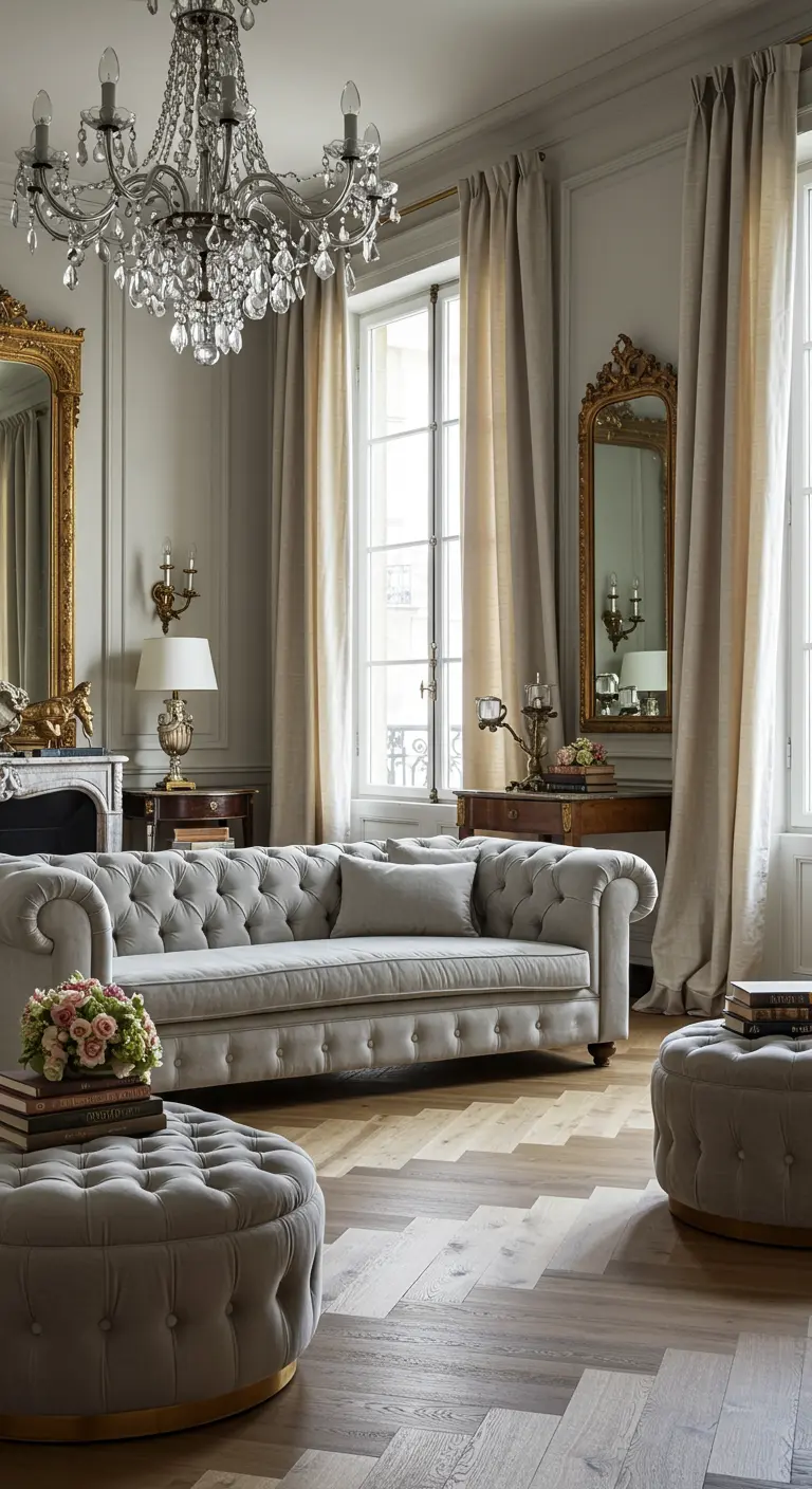Klassieke woonkamer met grijze Chesterfield bank, kristallen kroonluchter en gouden spiegels.