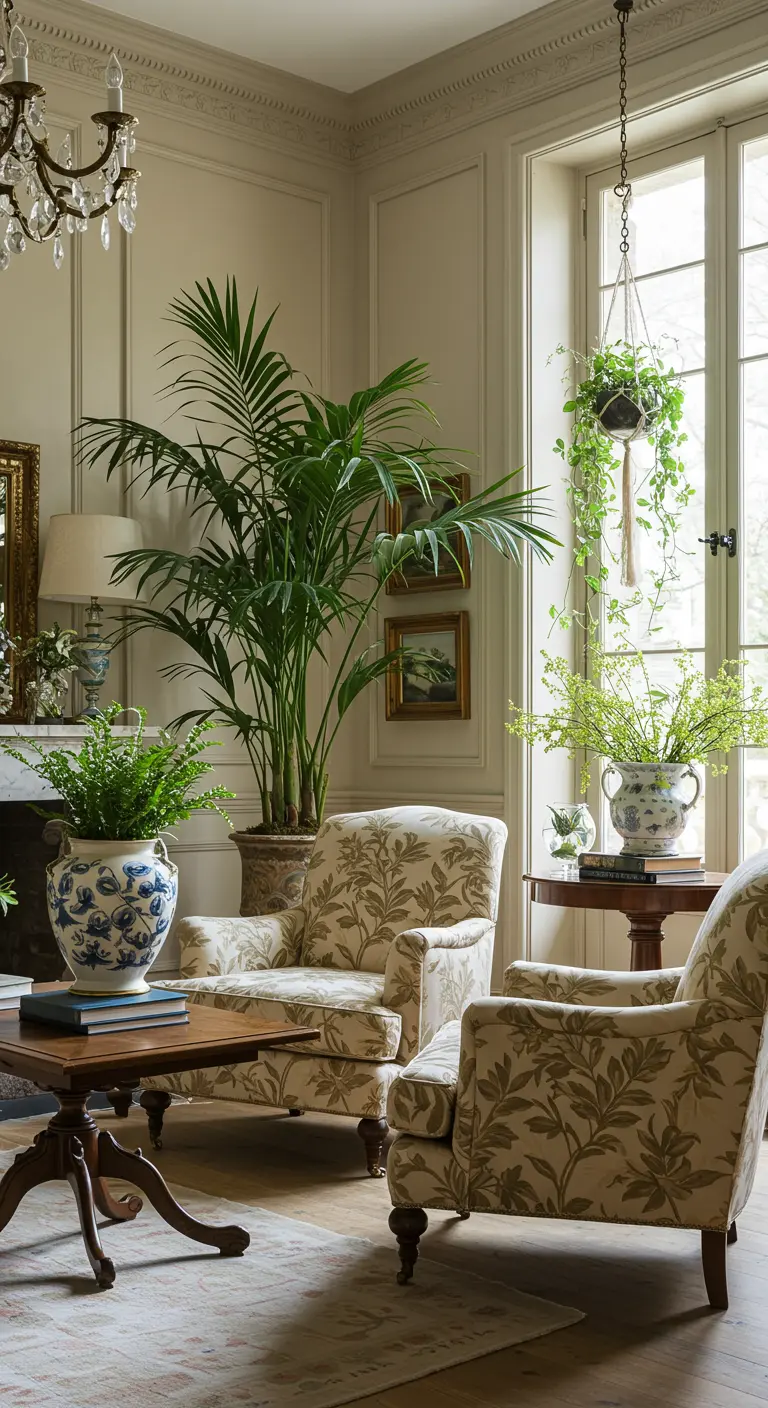 Klassieke woonkamer met beige stoelen met bladprint, grote palm en hangplant.