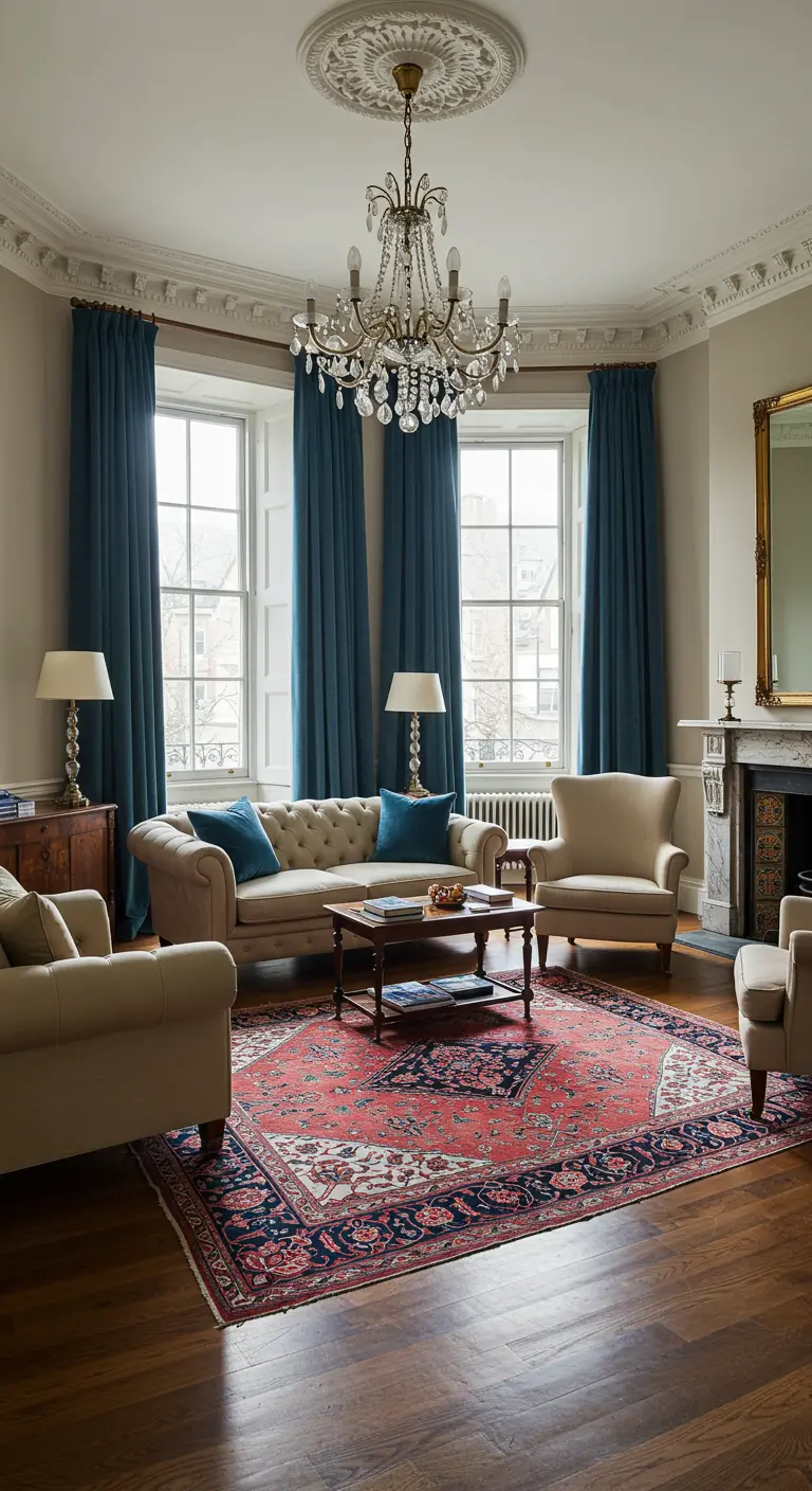 Klassieke woonkamer met hoge plafonds, kroonluchter, donkerblauwe gordijnen en beige meubels.