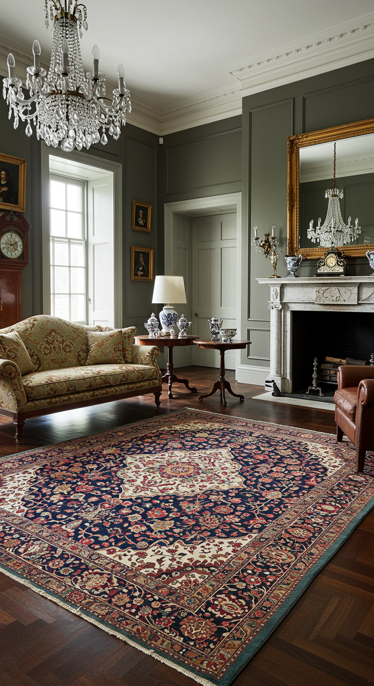 Klassieke woonkamer met een groot, traditioneel Perzisch tapijt en antieke meubels.
