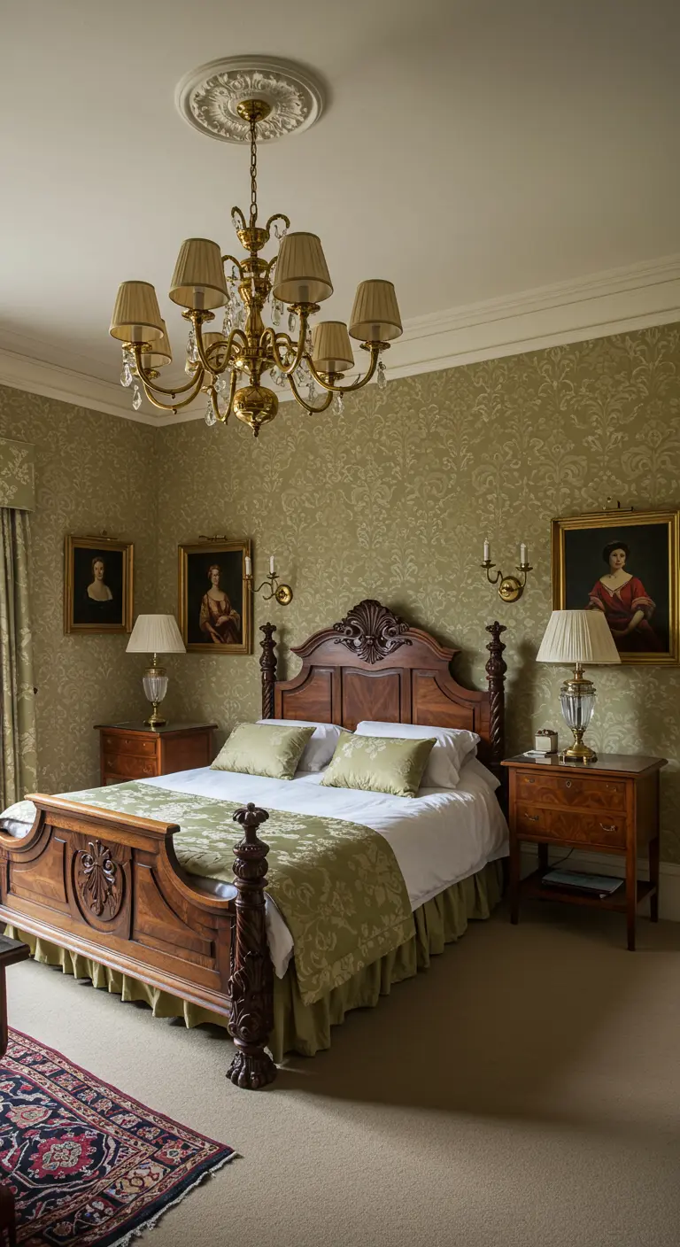 Klassiek ingerichte slaapkamer met antiek houten bed, messing kroonluchter en bijpassende schemerlampen.