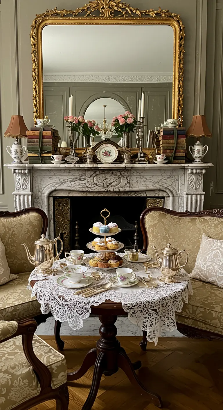 Klassiek gedecoreerde schouw met een grote spiegel, antieke boeken, en servies voor high tea.