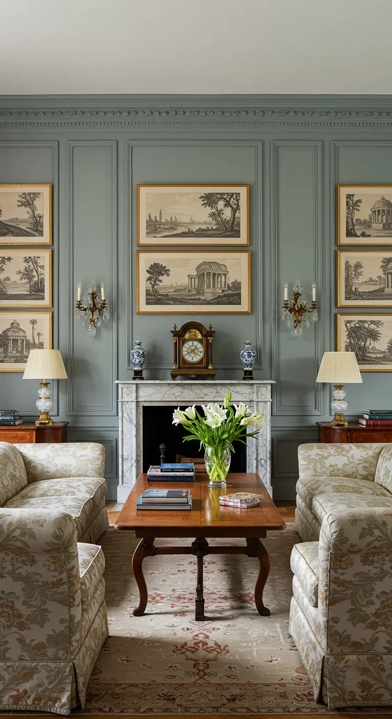 Klassieke woonkamer met donkergroene lambrisering en series historische etsen.