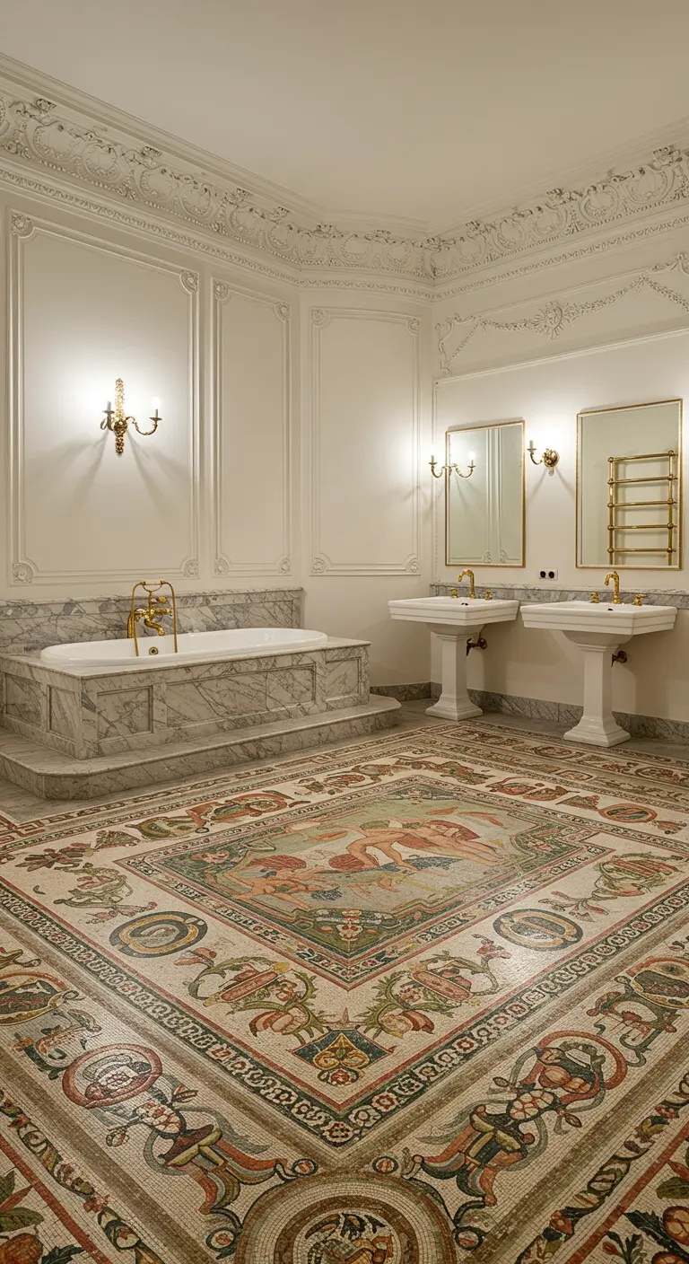 Grote klassieke badkamer met een uitgebreid figuratief mozaïek op de vloer.