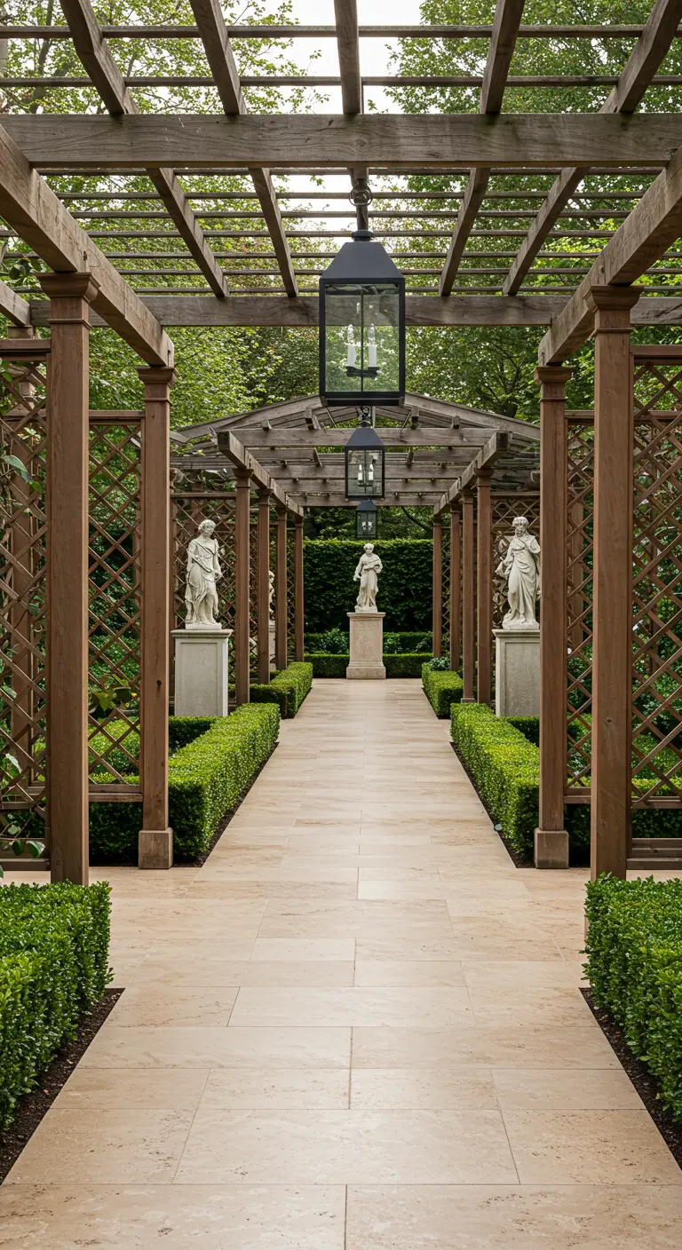 Formele tuin met lange houten pergola, stenen pad, beelden en strakke heggen.