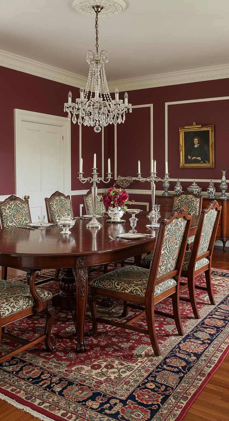 Klassieke eetkamer met ovale mahoniehouten tafel en gedetailleerde stoelen.