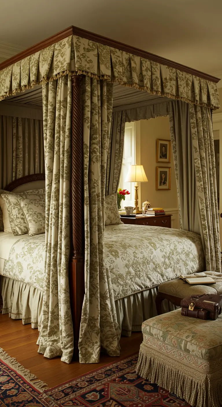 Klassiek houten hemelbed met groene 'toile de Jouy' bedgordijnen, sprei en bijpassende poef.
