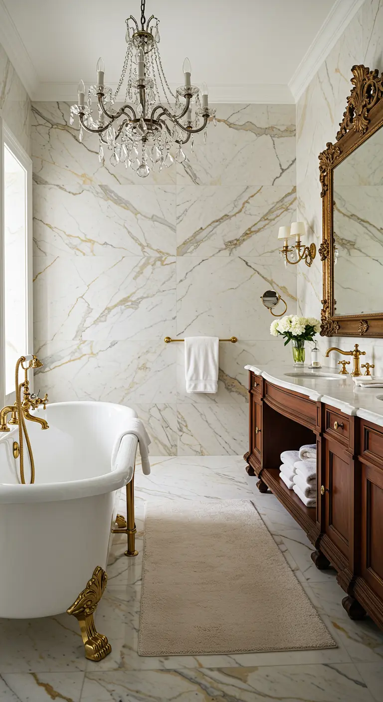 Luxe badkamer met wit-goud marmer, messing badpoten, kraan en kristallen kroonluchter.