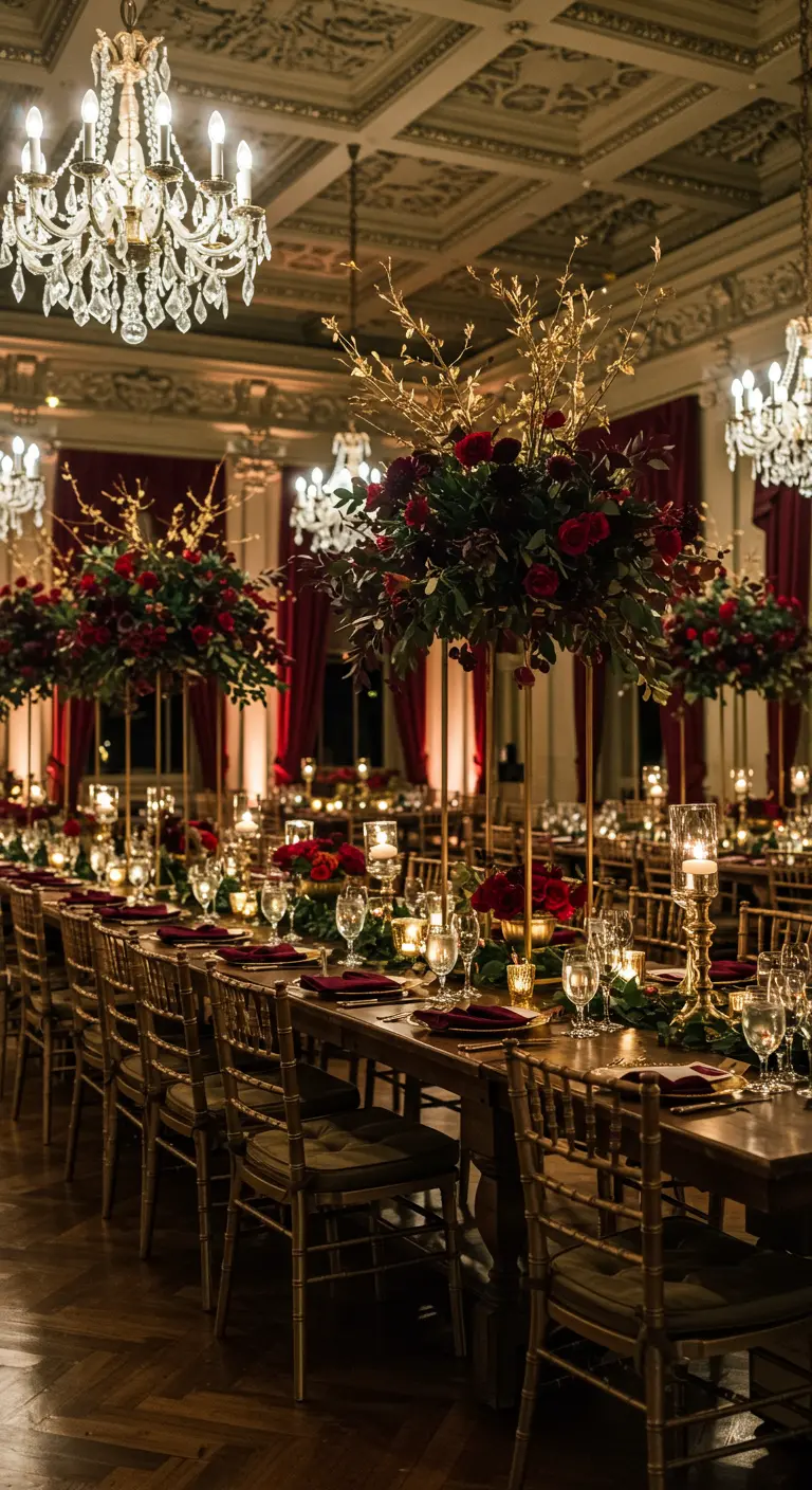 Grand ballroom bruiloft met rode en gouden decoratie, hoge bloemstukken en kroonluchters.