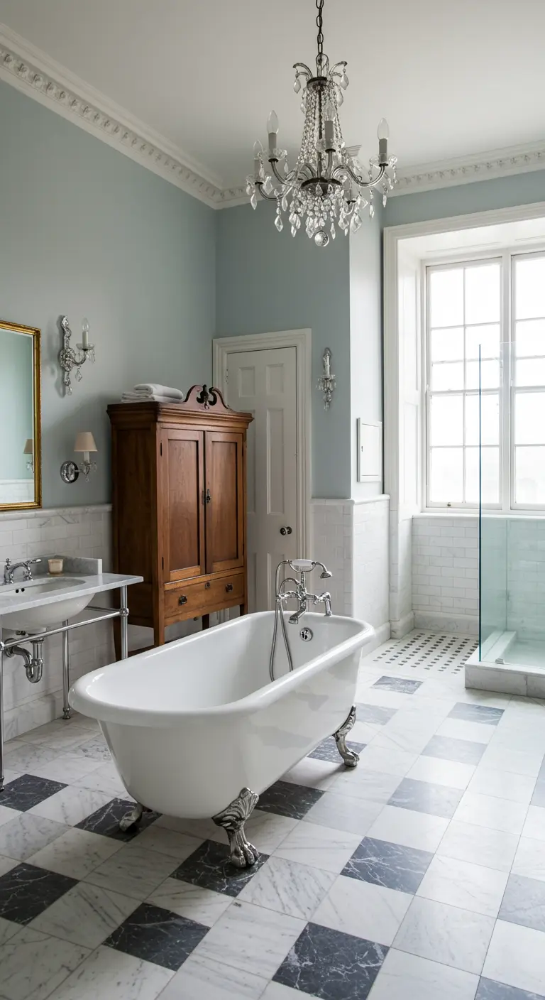 Klassieke badkamer met kroonluchter, vrijstaand bad op pootjes, antieke kast en dambordvloer.