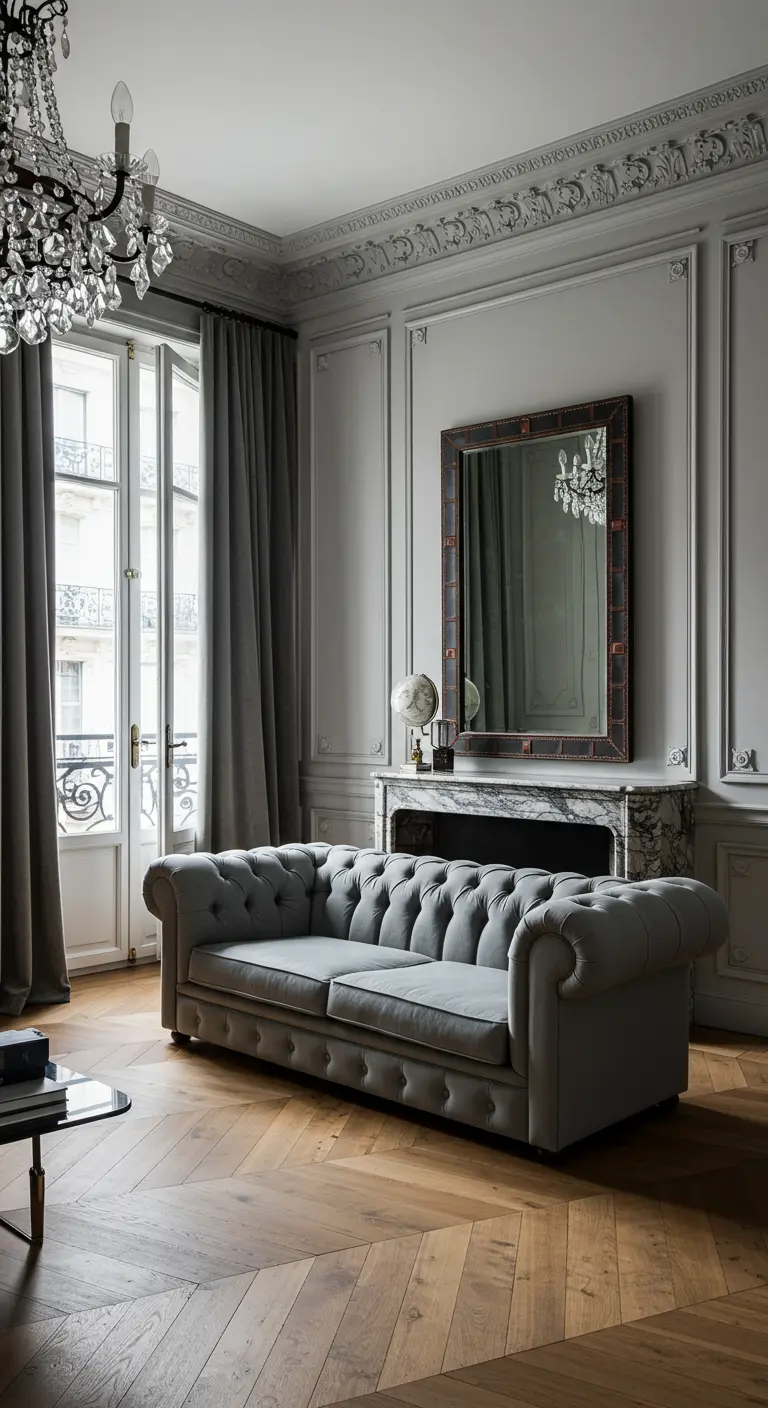 Klassieke woonkamer met grijze Chesterfield-bank, hoge ramen, donkere gordijnen en een grote spiegel boven de schouw.