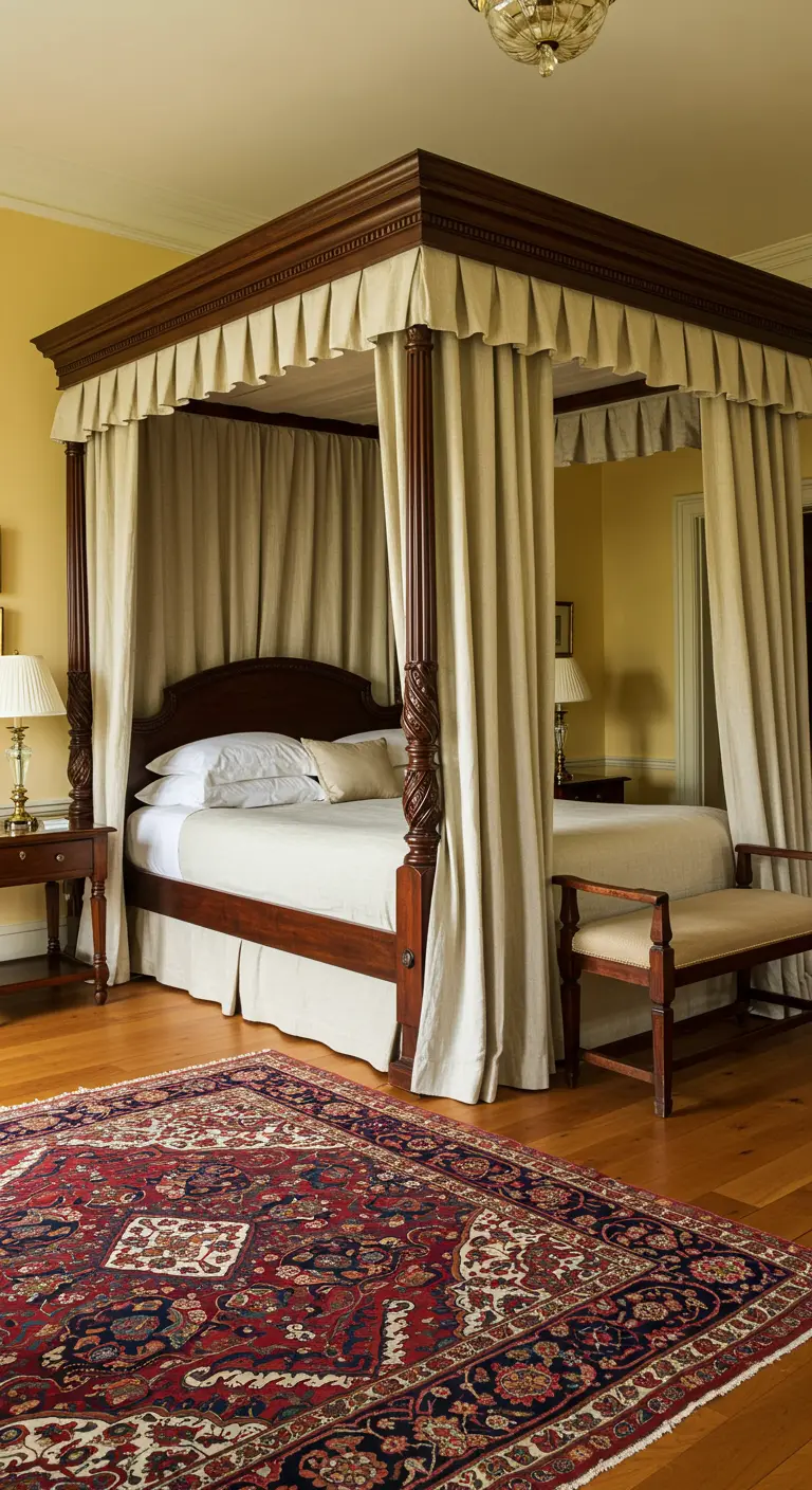 Klassieke slaapkamer met hemelbed, gele muren en Perzisch tapijt.