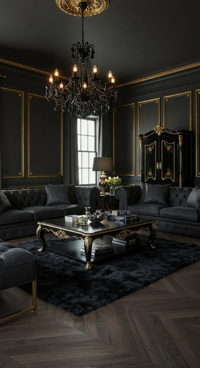 Luxueuze zwarte woonkamer met gouden lijstwerk, kroonluchter en fluwelen banken.