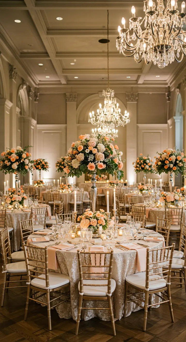 Elegante balzaal met ronde tafels, hoge perzik bloemstukken en gouden stoelen.