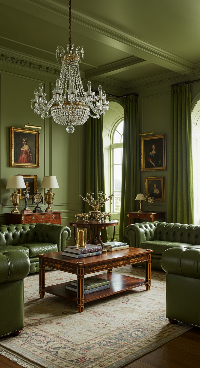 Klassieke woonkamer met olijfgroene muren, gordijnen en leren banken.