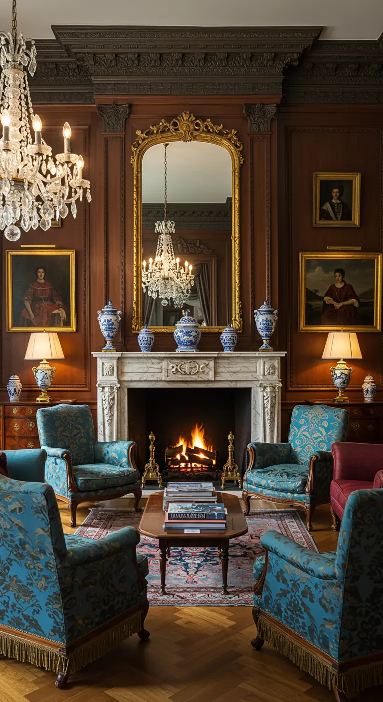 Klassieke, formele woonkamer met marmeren schouw en antieke meubels.