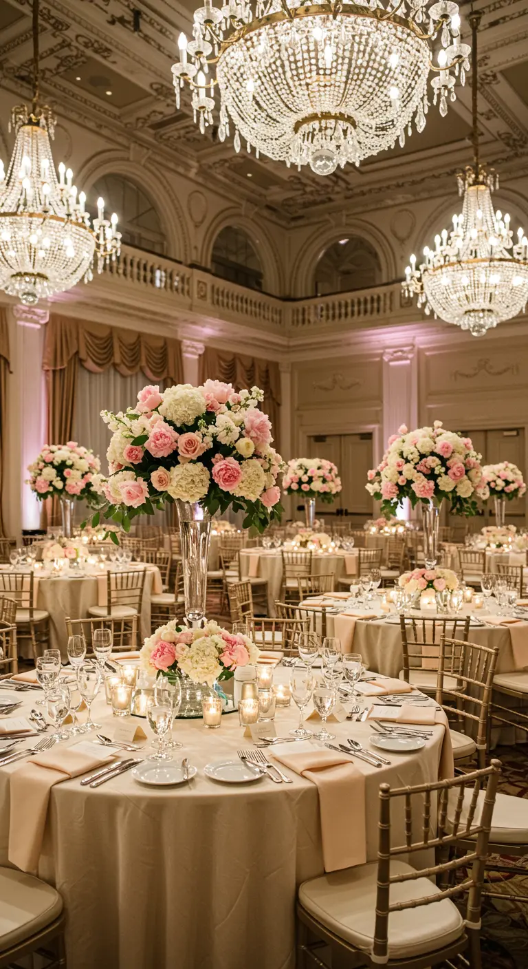 Elegante ronde tafels in balzaal met hoge roze-witte bloemstukken en kleinere op tafel.