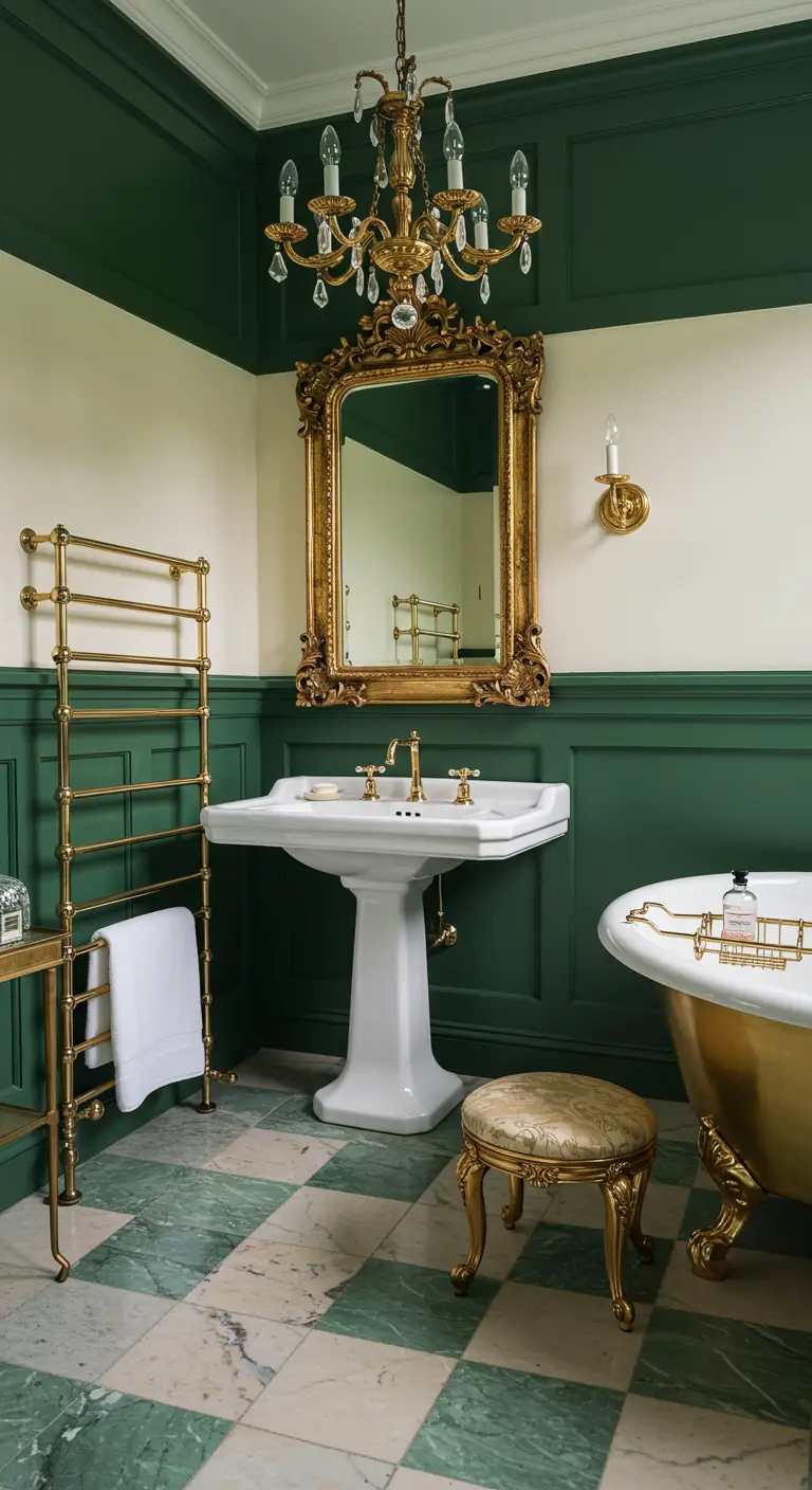 Klassieke badkamer met groene lambrisering, gouden spiegel, badkuip en handdoekenrek.