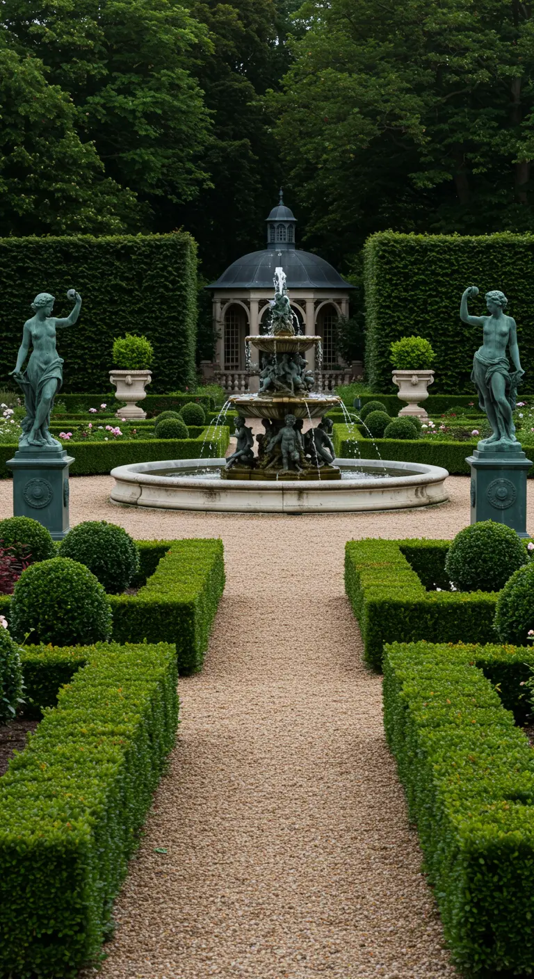 Formele tuin met grote klassieke fontein, beelden en strak gesnoeide hagen.