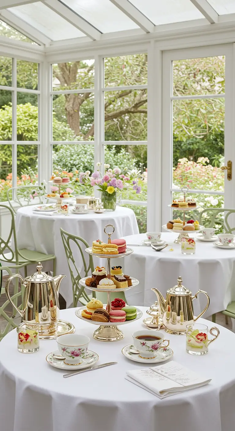 Elegante high tea setting met etagères vol lekkernijen in lichte serre.