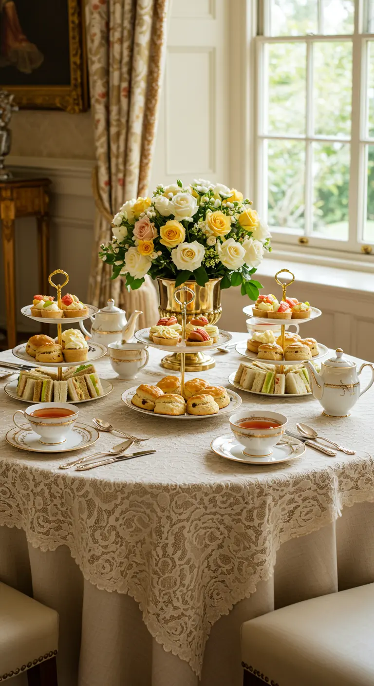 Klassieke high tea opstelling met etagères, bloemen, kanten tafelkleed en porseleinen servies.